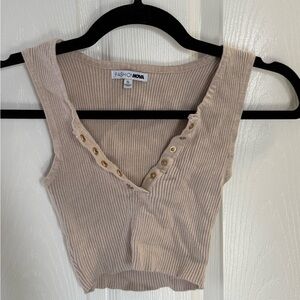 Fashion Nova Cream Ribbed V-Neck Crop Top